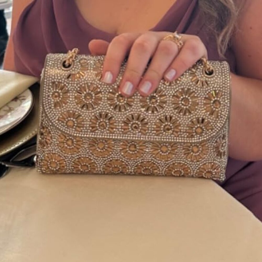 Neiman Marcus Rhinestone Plum Blossom Champagne Gold Evening Shoulder Bag